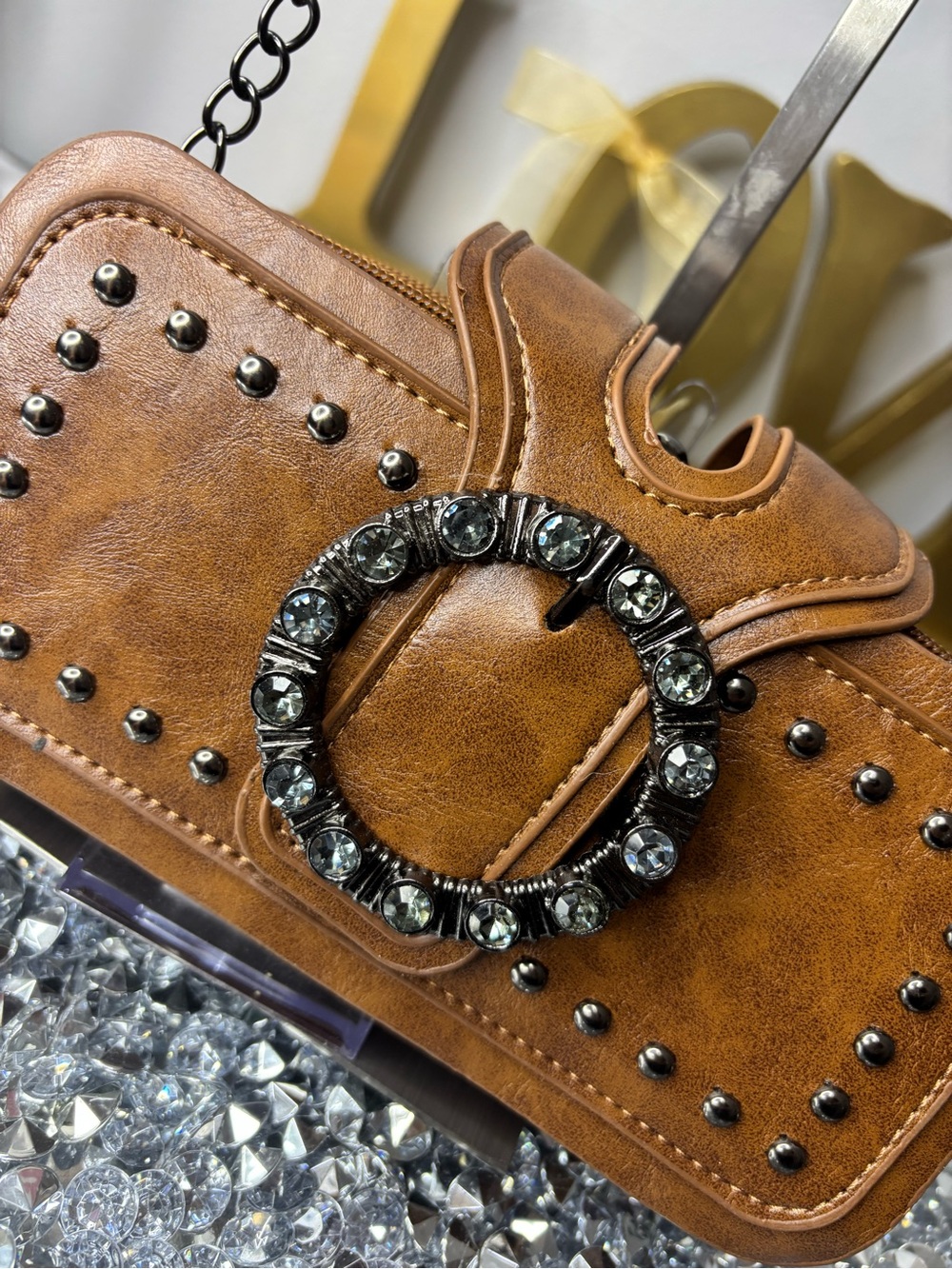 Rhinestone buckle Studded Brown Leather Crossbody NWOT - Picture 4 of 16